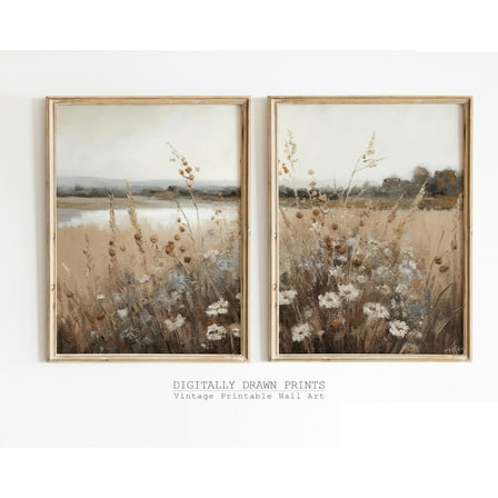 Luvia Wildflower Field Set Of 2, Vintage Farm House, Field Landscape Wall Art, Modern Wall Decor Set 2 Prints 8x12 UNFRAMED