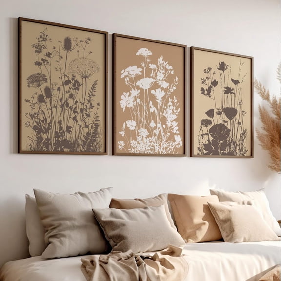 Luvia Wildflower Silhouette Wall Art Set Of 3 Poster Or, Beige Botanical Prints, Minimalist Farmhouse Floral Decor, Neutral Nature Decor, Modern Wall Decor Set 3 Prints 12x18 UNFRAMED