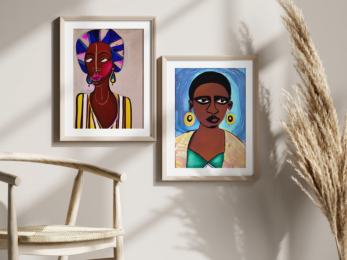 Luvia Woman Abstract Art, Set Of 2, Monstera Art Print, Woman, Afro ...