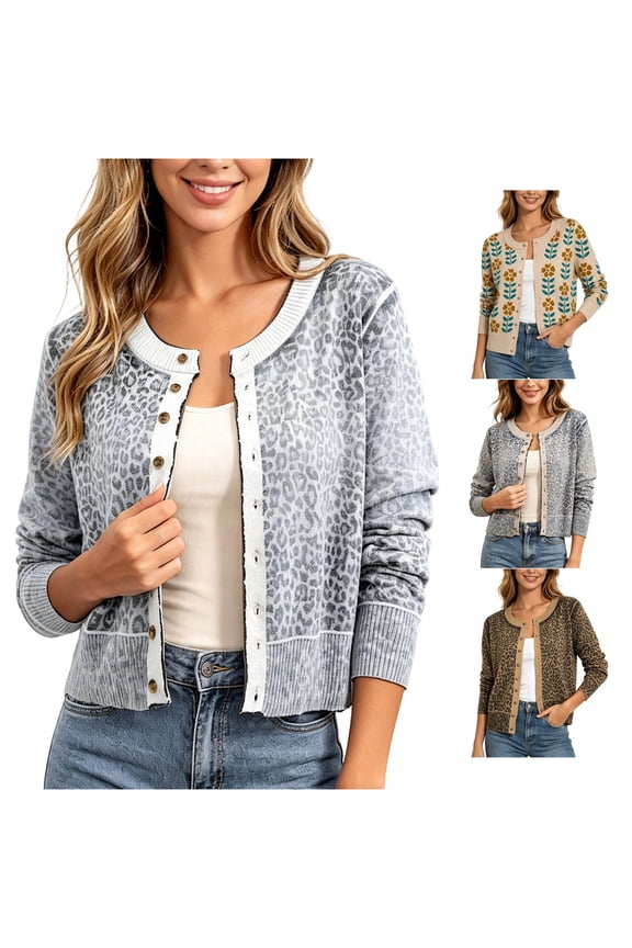 2026 Leopard Cardigan Womens Button Up Sweaters Long Sleeve Cheetah Print Cropped Cardigan Jackets