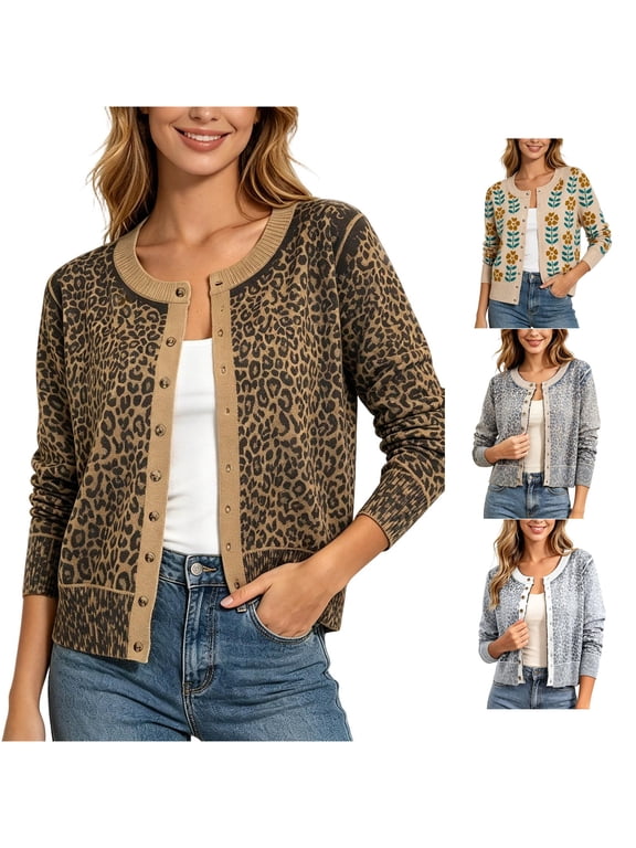 2026 Leopard Cardigan Womens Button Up Sweaters Long Sleeve Cheetah Print Cropped Cardigan Jackets