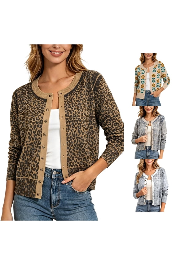 2026 Leopard Cardigan Womens Button Up Sweaters Long Sleeve Cheetah Print Cropped Cardigan Jackets