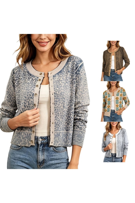 2026 Leopard Cardigan Womens Button Up Sweaters Long Sleeve Cheetah Print Cropped Cardigan Jackets