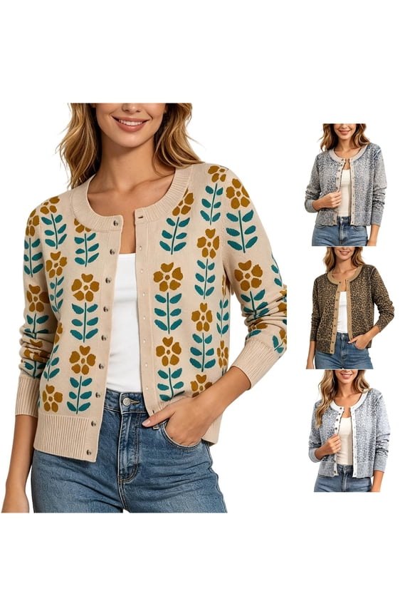 2026 Leopard Cardigan Womens Button Up Sweaters Long Sleeve Cheetah Print Cropped Cardigan Jackets