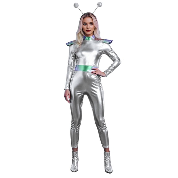 Luvior Adult Alien Court Elegant Outfit, Silver, Size L, Renaissance Dress