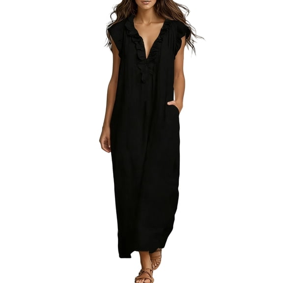 Luvior Boho Summer Long Dress Flutter Sleeves V Neck Flowy Casual Maxi with Pockets Black XXL