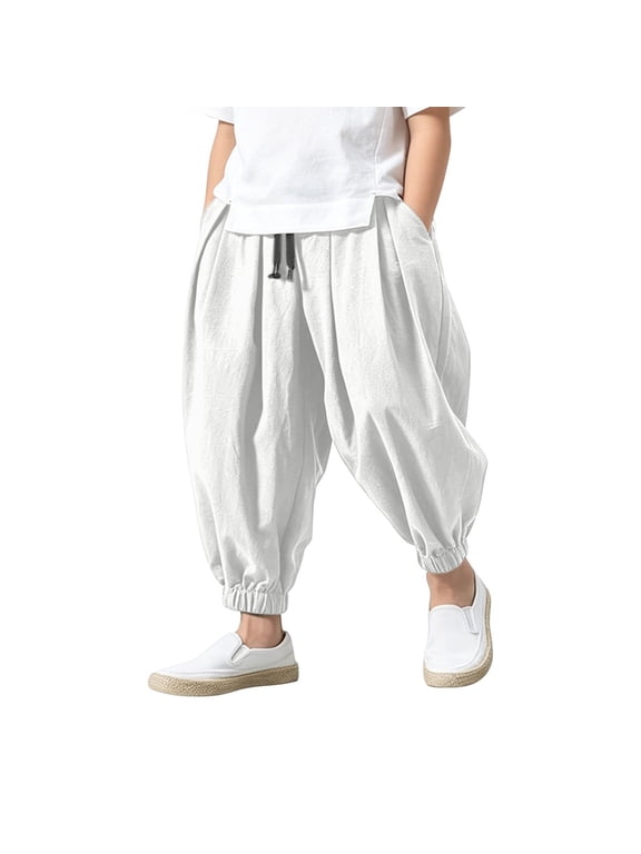 Boys Harem Pants, Tie Waist Balloon Leg Cotton Linen, Back to School, White, Size 14-15 Years