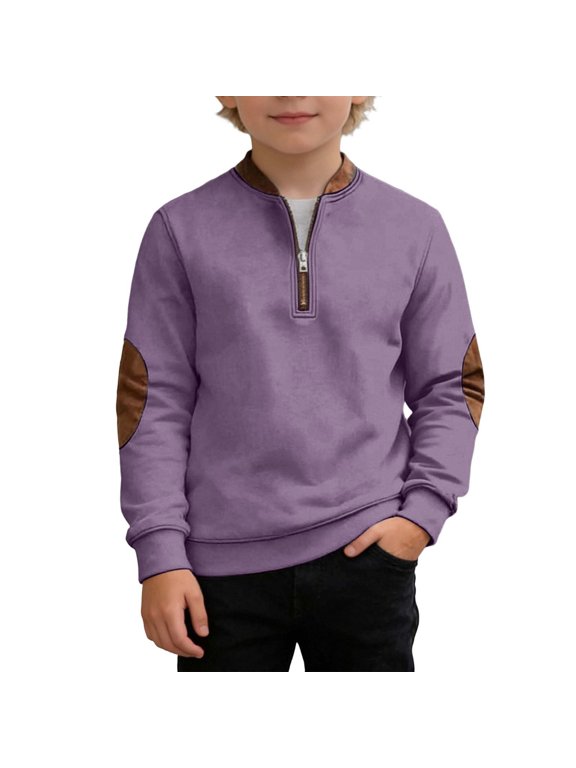 Boys Quarter Zip Sweatshirt, Suede Elbow Patch Preppy, Back to School, Purple, Size 2-3 Years