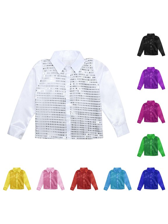 Boys Sparkly Sequins Shirts Long Sleeve Button Down Shirt Dance Tee Shirts Stage Performance Wear