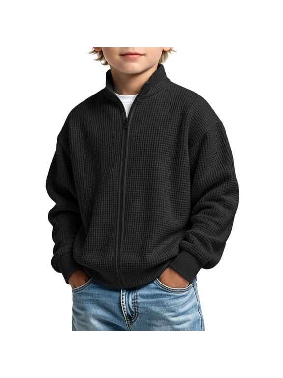 Boys Waffle Stand Collar Jacket, Full Zip Textured Knit, Back to School, Black, Size 12-13 Years