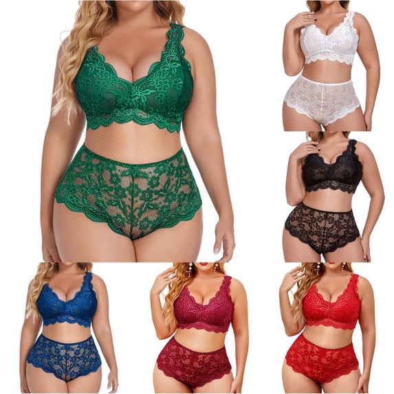 Luvior Bras For Women Solid Color Plus Size V Neck High Waist Floral Lace Bra And Panty 2 Piece Set Underwire Brassiere,White