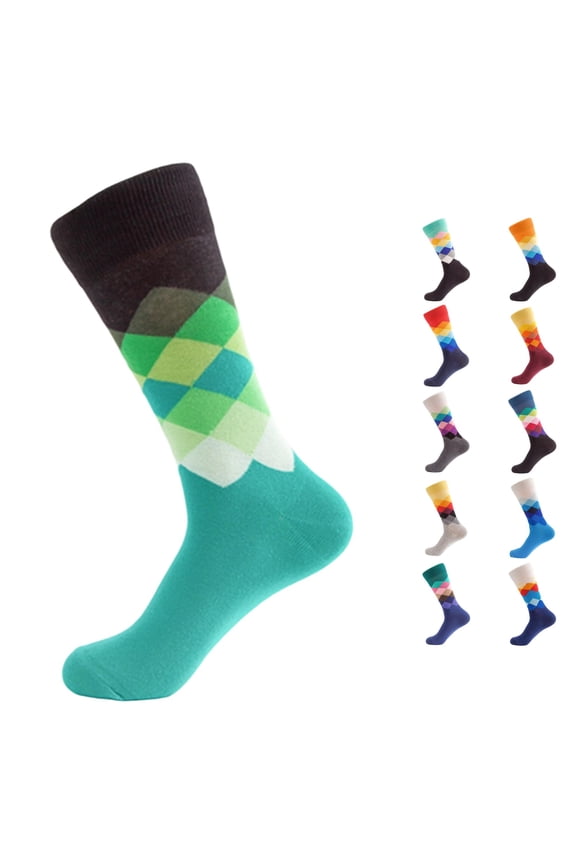 Colorful Argyle Crew Socks Men Casual Dress Socks | British Style Soft Breathable Colored Gradient Diamond Pattern Socks for Men Business and Daily Wear