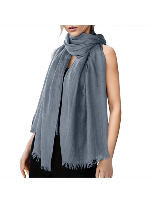 Cotton Linen Scarf for Women, Lightweight Long Beach Wrap with Fringe, Sheer Crinkle Shawl
