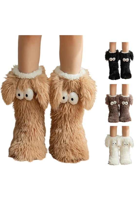 Cute Plush Slipper Socks for Warm Winter, Big Eye Puppy Fuzzy Home Floor Shoes Sleep Socks for Man Woman