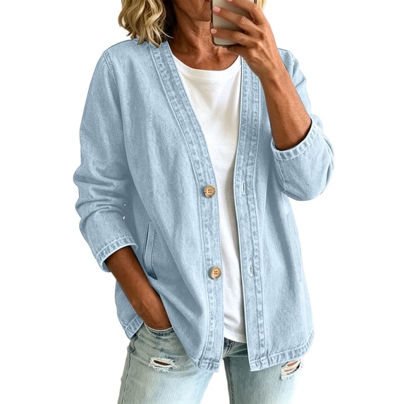 Luvior Denim Cardigan for Women Lightweight Jean Jacket V Neck Classic Button Front Breathable Stretch Relaxed Fit Casual,Light Blue1,M