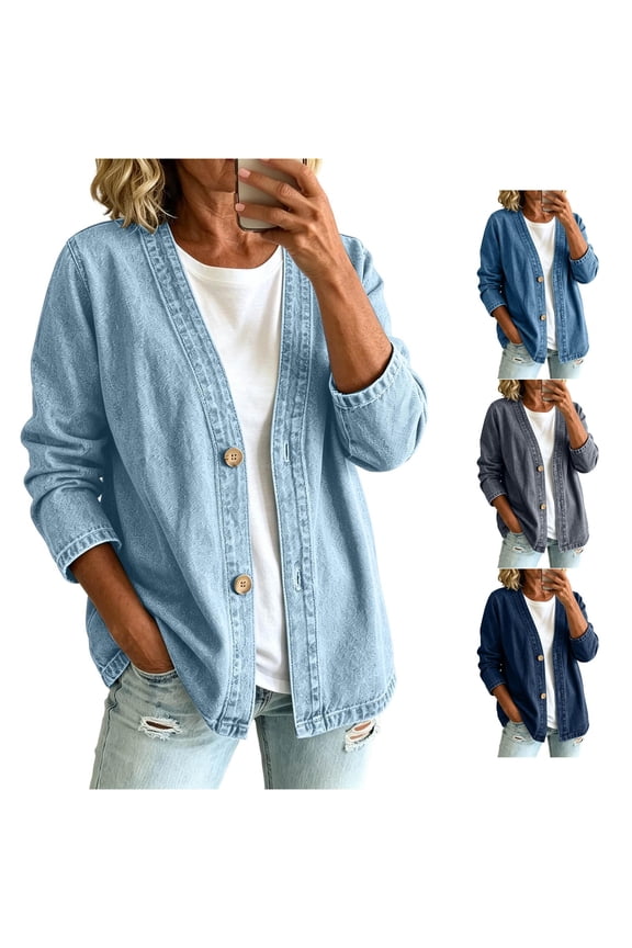 Denim Cardigan for Women Lightweight Jean Jacket V Neck Classic Button Front Breathable Stretch Relaxed Fit Casual