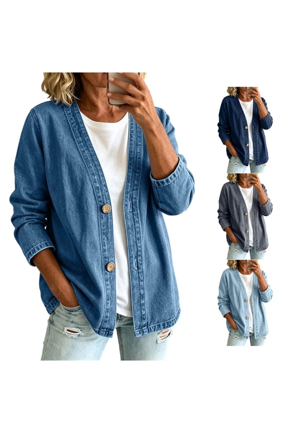 Denim Cardigan for Women Lightweight Jean Jacket V Neck Classic Button Front Breathable Stretch Relaxed Fit Casual