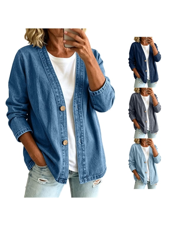 Denim Cardigan for Women Lightweight Jean Jacket V Neck Classic Button Front Breathable Stretch Relaxed Fit Casual
