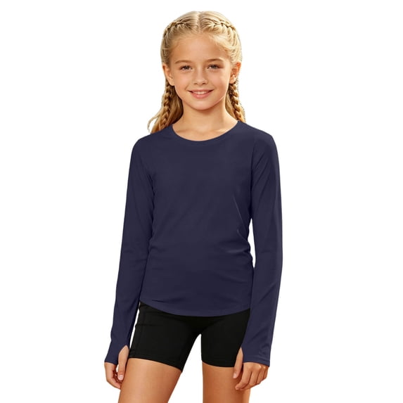 Luvior Girls Basic Long Sleeve T-Shirt, Slim Fit Stretch Cotton, Everyday Casual, Navy, Size 10-11 Years
