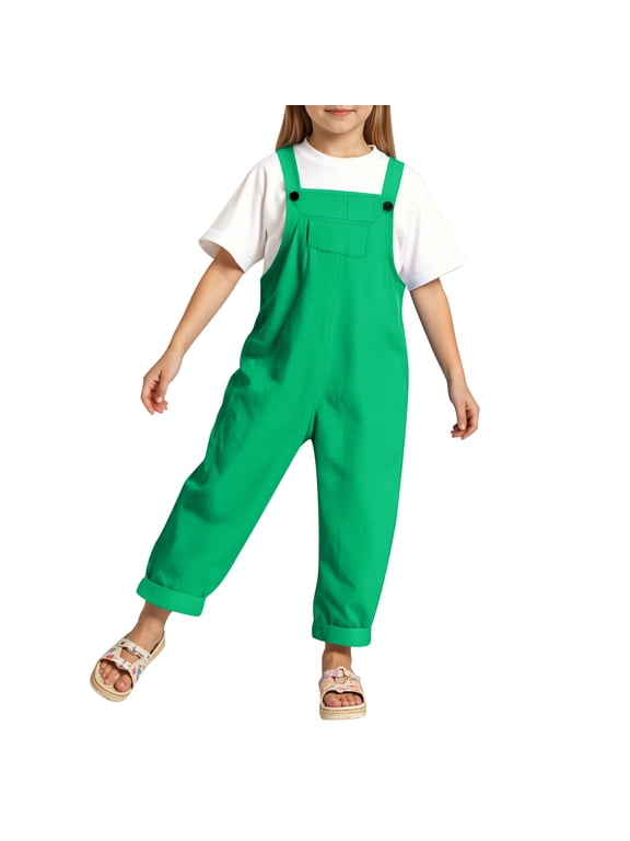 Girls Bib Overalls, Button Strap Wide Leg, Back to School, Green, Size 10-11 Years