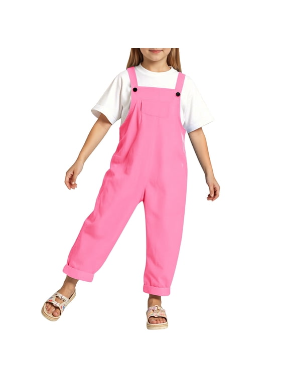 Girls Bib Overalls, Button Strap Wide Leg, Back to School, Pink, Size 2-3 Years