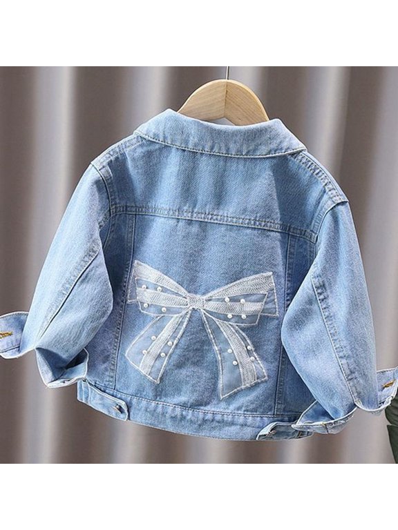 Girls Bowboy Fall Jacket Classic Button Down Long Sleeve Casual Coat Solid Color Multi Pockets Cute Bow Denim Jacket For Grls Fall Jean Coat Outwear
