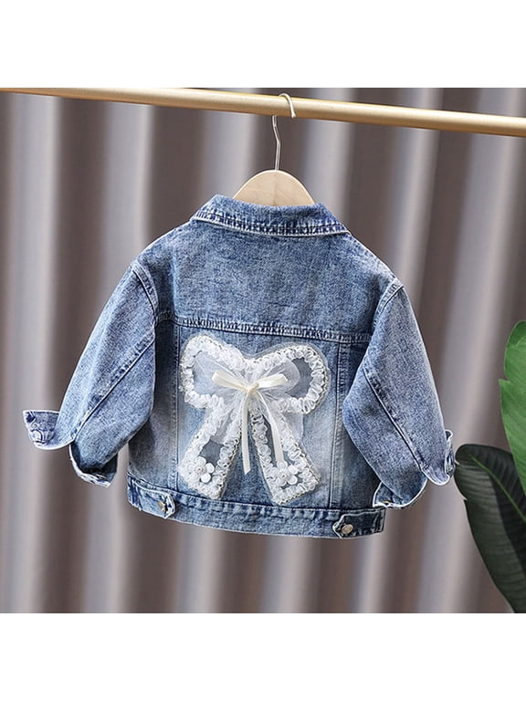 Girls Bowboy Fall Jacket Classic Button Down Long Sleeve Casual Coat Solid Color Multi Pockets Cute Bow Denim Jacket For Grls Fall Jean Coat Outwear