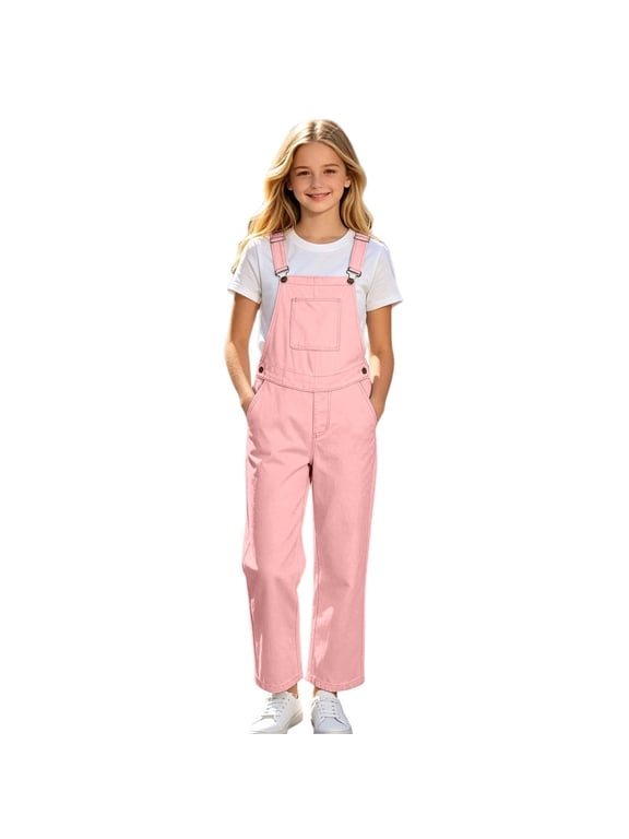 Girls Denim Overalls, Loose Fit Wide Leg Bib Jumpsuit, Soft Comfy, Pink, Size 12-13 Years