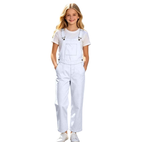 Luvior Girls Denim Overalls, Loose Fit Wide Leg Bib Jumpsuit, Soft Comfy, White, Size 16-17 Years