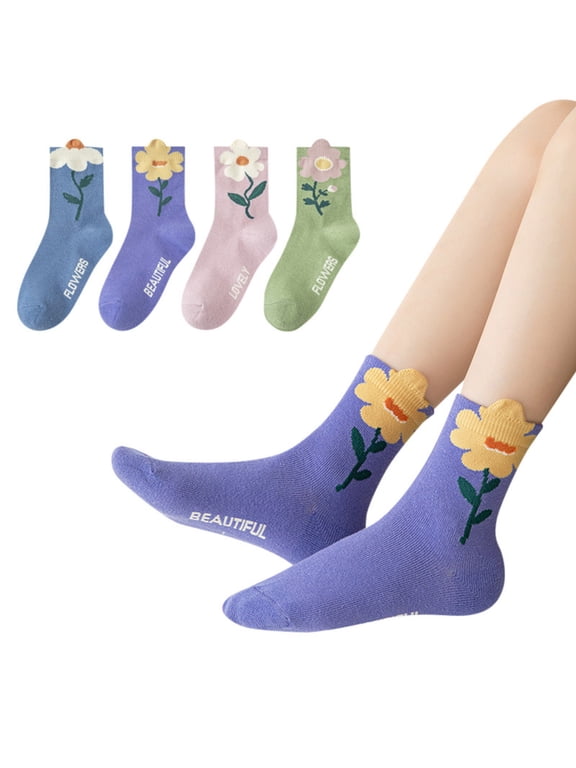 Girls Floral Mid-Calf Socks, 4 Pairs, All Seasons, Colorful Flower Design with Text Details