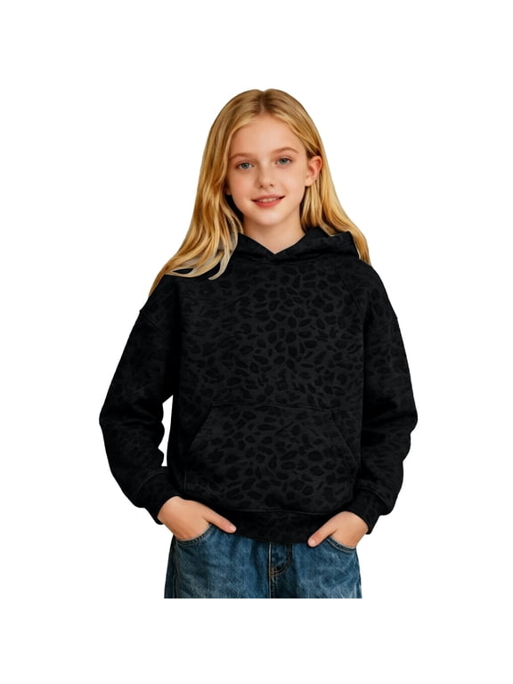 Girls Leopard Print Hoodie, Tonal Cheetah Pullover, Soft Comfy, Black, Size 10-11 Years