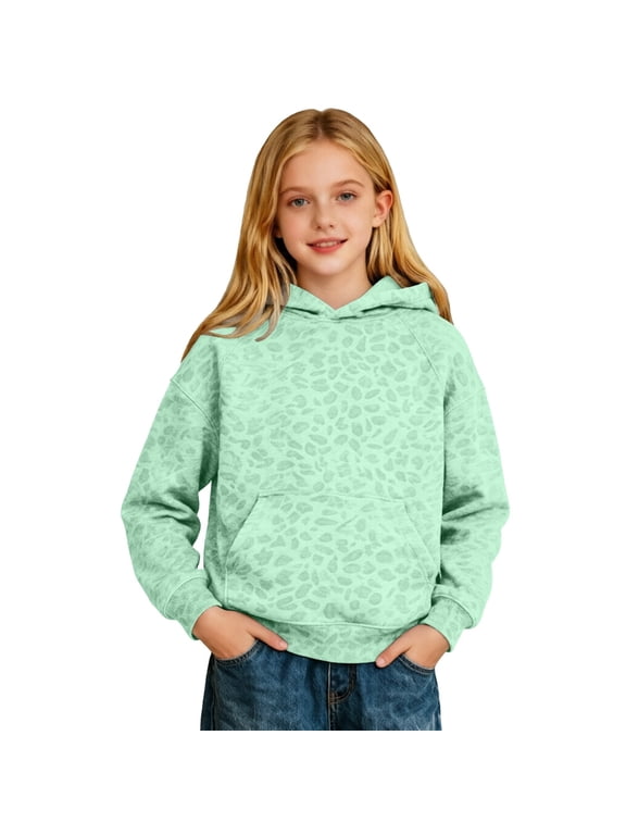 Girls Leopard Print Hoodie, Tonal Cheetah Pullover, Soft Comfy, Green, Size 6-7 Years