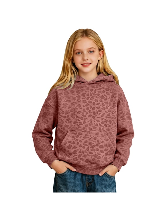 Girls Leopard Print Hoodie, Tonal Cheetah Pullover, Soft Comfy, Hot Pink, Size 8-9 Years
