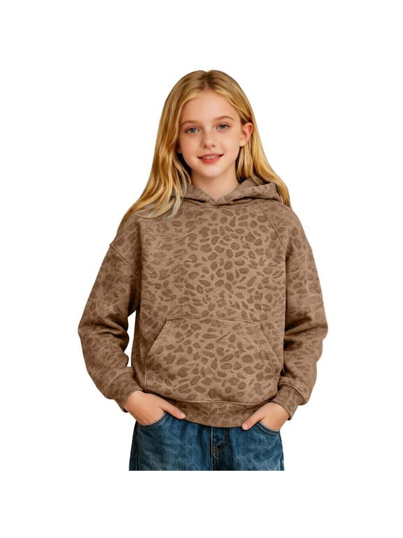 Girls Leopard Print Hoodie, Tonal Cheetah Pullover, Soft Comfy, Khaki1, Size 8-9 Years