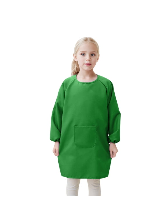 Girls Long Sleeve Art Smock, Water Resistant Front Pocket Coverall, New Year, Green, Size L