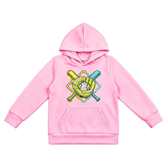 Luvior Halloween Boys Pullover Hoodie, Neon Baseball Glove Bat Graphic Hooded Sweatshirt, Casual LongâSleeve Hoodie with Front Kangaroo Pocket for Kids Sports Daily Wear
