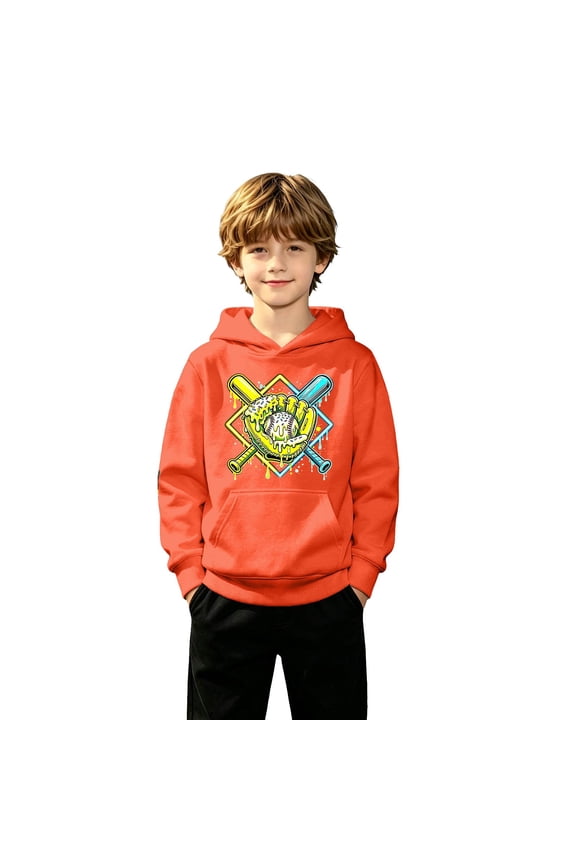 Halloween Boys Pullover Hoodie, Neon Baseball Glove Bat Graphic Hooded Sweatshirt, Casual LongâSleeve Hoodie with Front Kangaroo Pocket for Kids Sports Daily Wear