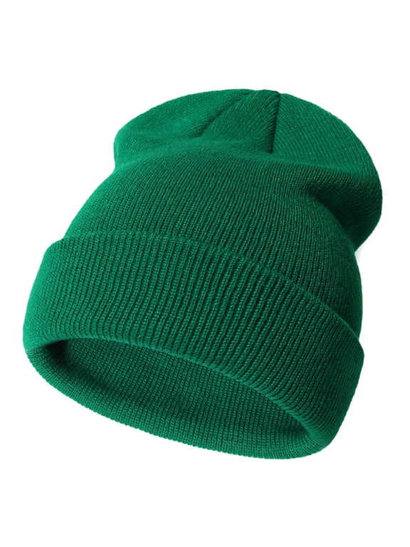 Kids Ribbed Knit Beanie, Warm Winter Hat, Soft Comfy, Dark Green, Size S