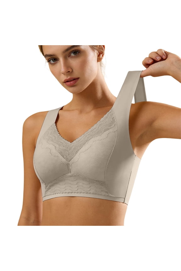 Lace Backless Bra Push Up Wireless Fixed Cup Racerback Tank Top Style Underwear for Women Khaki XL