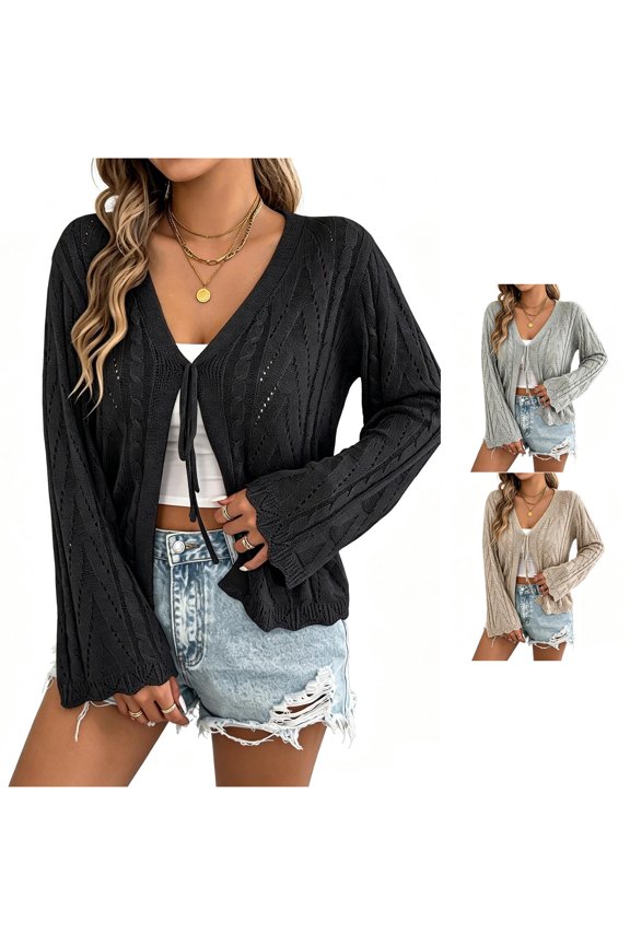 Lightweight Tie Front Crochet Cardigan Sweaters with Bell Sleeves Detachable Drawstrings