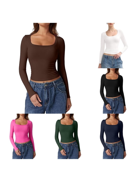 Long Sleeve Shirt for Women - Square Neck Going Out Top Double Lined Tight T Shirts