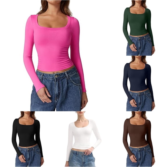 Luvior Long Sleeve Shirt for Women - Square Neck Going Out Top Double Lined Tight T Shirts