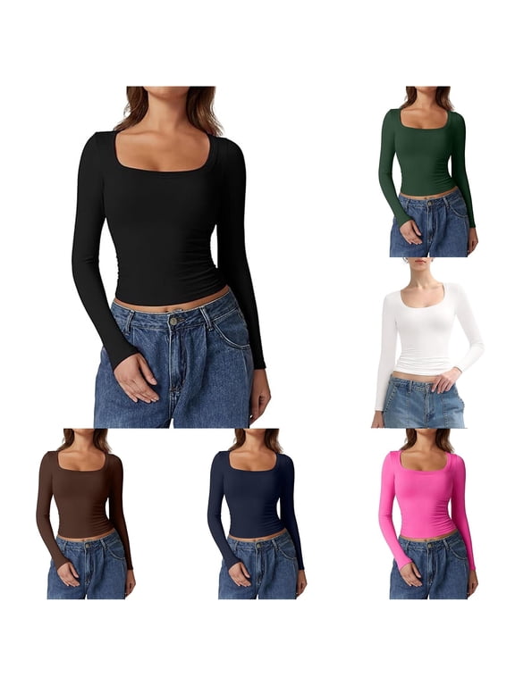 Long Sleeve Shirt for Women - Square Neck Going Out Top Double Lined Tight T Shirts
