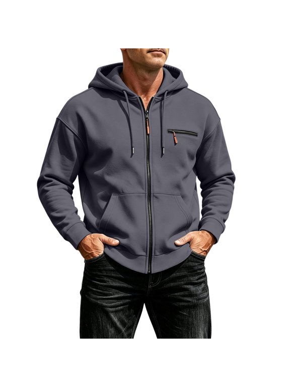 Men Full Zip Up Hoodie Jacket Classic Fleece With Chest Zip Pocket And Kangaroo Pouch, Everyday Casual, Dark Gray, Size S