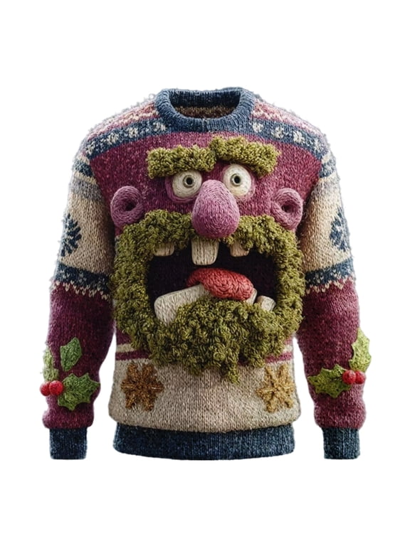 Men Funny 3D Print Face Christmas Sweater Novelty Knit Pullover Holiday Party Red M