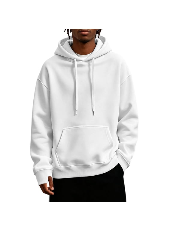 Men Sherpa Fleece Oversized Hoodie Teddy Fluffy Pullover With Kangaroo Pocket, Winter Warm, White, Size XXL