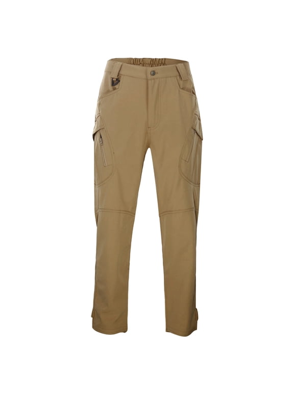 Men Softshell Hiking Pants Slim Fit Stretch Outdoor Work Joggers With Belt And Zip Pockets, Brown, Size L