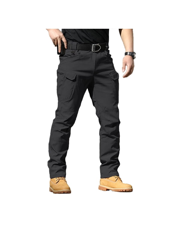 Men Tactical Cargo Pants Straight Leg Softshell Work Trousers With Zipper Pockets, Durable Stretch, Black, Size XXL