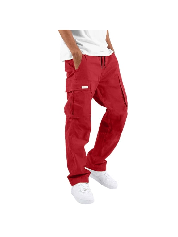 Men Washed Cargo Pants Baggy Street Utility Pants With Label Patch And Big Pockets, Street Fashion, Red, Size M