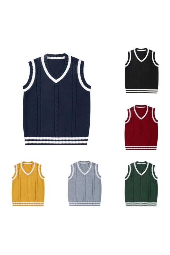 Men Women Knitted Cotton V-Neck Vest JK Uniform Pullover Sleeveless Sweater School Cardigan